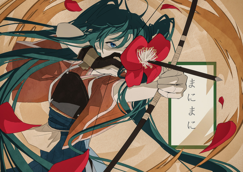 1girl absurdres aiming aqua_hair archery arrow_(projectile) bangs black_gloves blue_eyes blue_skirt bow_(weapon) commentary copyright_name cowboy_shot drawing_bow empty_eyes floating_hair flower flower_over_eye gloves hands_up hatsune_miku highres holding holding_bow_(weapon) holding_weapon japanese_clothes kimono kyuudou long_hair mani_mani_(vocaloid) mi8uuuuk muneate outstretched_arm partially_fingerless_gloves petals red_flower red_kimono single_glove skirt sleeves_rolled_up solo song_name twintails vocaloid weapon yugake