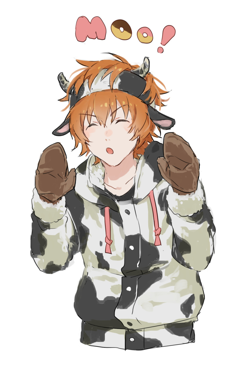 1boy alternate_costume animal_costume brown_gloves buttons closed_eyes commentary_request cow_costume fake_horns gloves hands_up headband highres horns idolmaster idolmaster_side-m male_focus orange_hair tarou_(2taro8) upper_body wakazato_haruna white_background