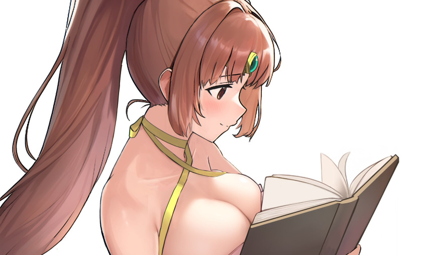 1girl ahonoko bare_shoulders book breasts brown_eyes brown_hair circlet cleavage collarbone criss-cross_halter dress fire_emblem fire_emblem:_mystery_of_the_emblem fire_emblem:_shadow_dragon halterneck high_ponytail highres holding holding_book large_breasts linde_(fire_emblem) long_hair open_book simple_background sleeveless sleeveless_dress smile solo upper_body very_long_hair white_background