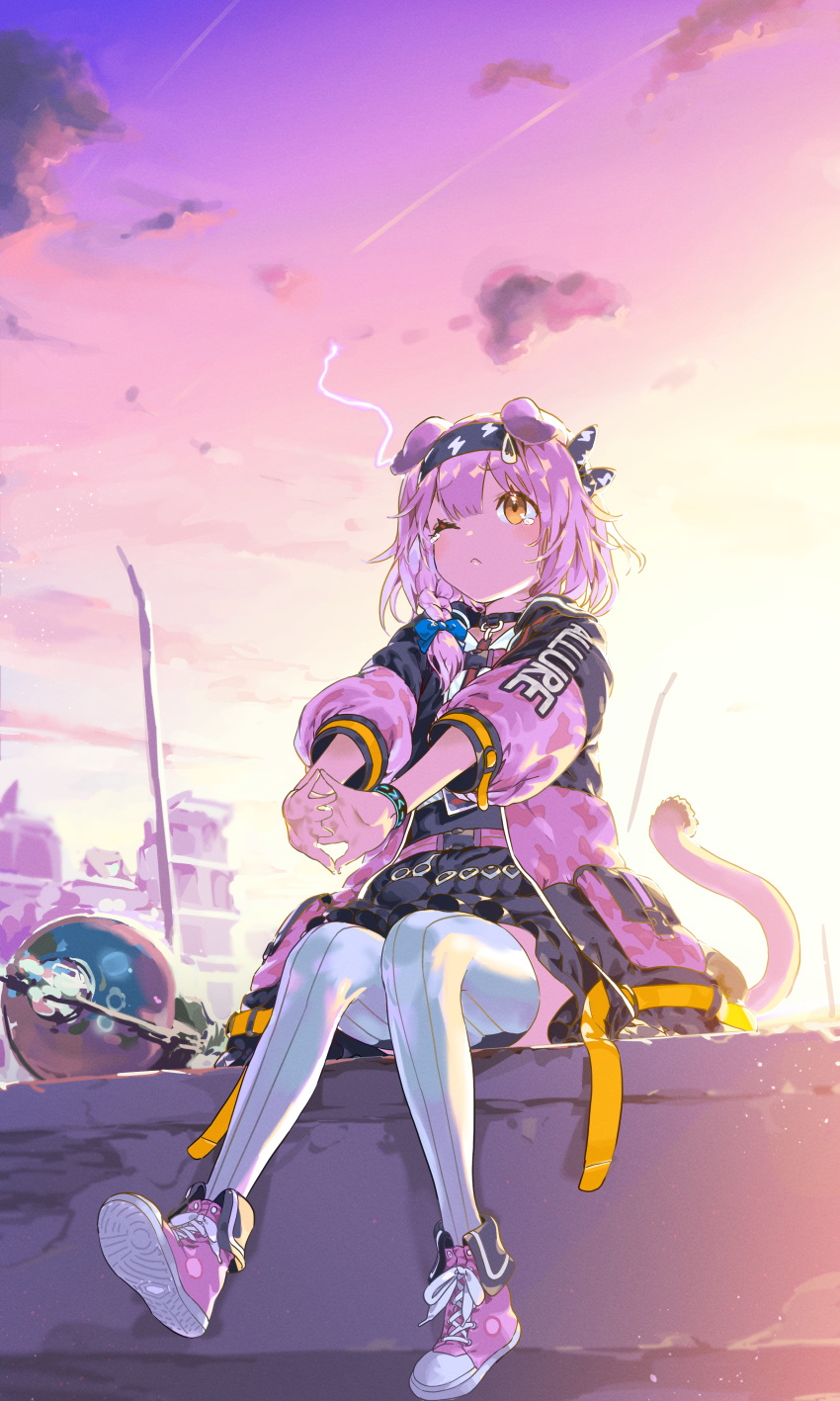 1girl absurdres animal_ears arknights black_hairband blue_bow bow bracelet braid cat_ears cat_girl cat_tail choker cloud cloudy_sky electricity goldenglow_(arknights) haimura_kiyotaka hair_bow hairband highres jacket jewelry lightning_bolt_print long_sleeves one_eye_closed outdoors pink_hair sitting sky solo tail thighhighs yellow_eyes