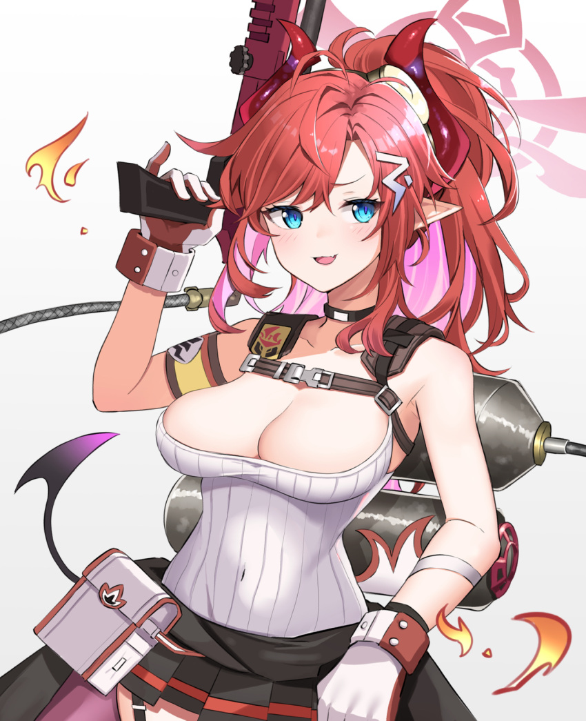 1girl armband bangs bare_shoulders black_skirt blue_archive blue_eyes blush breasts choker cleavage clothes_around_waist covered_navel fang fire flame flamethrower gas_tank gloves hair_ornament halo hand_up highres horns long_hair medium_breasts megu_(blue_archive) miniskirt open_mouth parted_bangs pointy_ears ponytail pouch shidoh279 shirt sidelocks skin_fang skirt solo tail upper_body weapon white_shirt