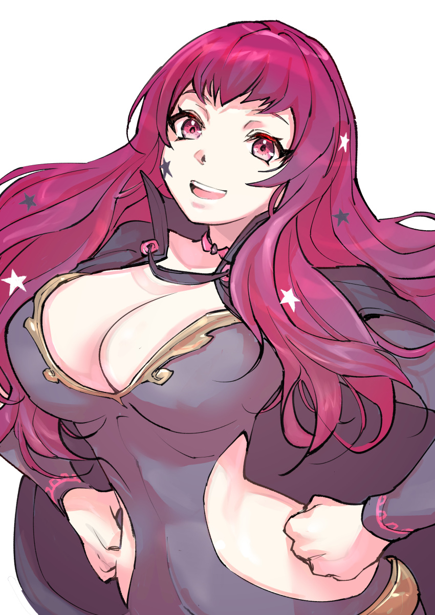 1girl :d absurdres bangs belt black_cape bodysuit breasts cape chest_strap choker cleavage commentary facial_mark fire_emblem fire_emblem_engage gold_belt grey_bodysuit hair_ornament hands_on_hips high_collar highres large_breasts long_hair looking_at_viewer open_mouth pink_choker pink_eyes pink_hair pink_pupils side_cutout simple_background smile solo star_(symbol) star_facial_mark star_hair_ornament teeth ug333333 upper_teeth_only white_background yunaka_(fire_emblem)