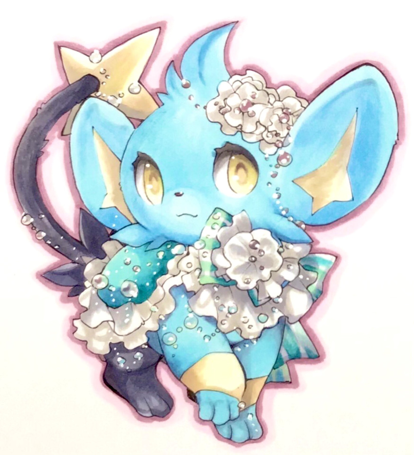 :3 animal_focus aqua_capelet bow bowtie capelet closed_mouth clothed_pokemon commentary english_commentary flower frilled_capelet frills full_body green_bow green_bowtie hair_flower hair_ornament highres looking_at_viewer mixed-language_commentary mofu_(moffuri_sippo) no_humans outline pokemon pokemon_(creature) red_outline shinx simple_background solo standing striped striped_bow striped_bowtie traditional_media white_background white_flower yellow_eyes