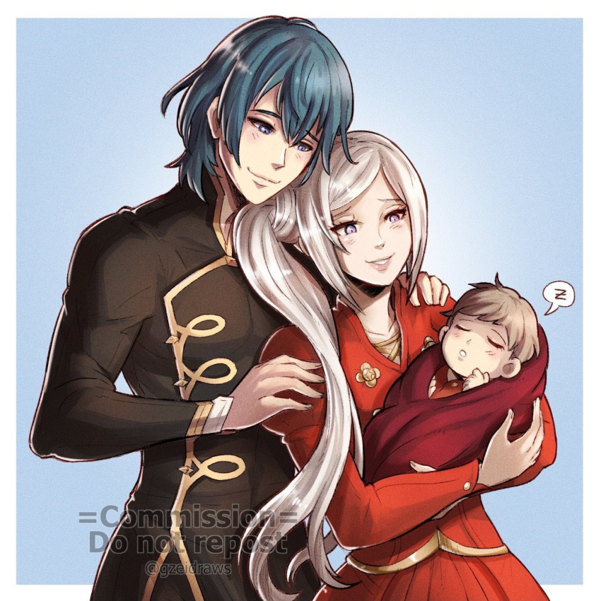 1boy 1girl baby bangs blue_hair blush byleth_(fire_emblem) byleth_(male)_(fire_emblem) closed_eyes commission couple dress edelgard_von_hresvelg family fire_emblem fire_emblem:_three_houses gzei hetero highres if_they_mated md5_mismatch ponytail red_dress smile white_hair