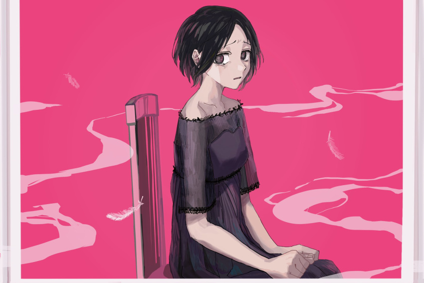 1girl 1other angel bangs bare_shoulders black_dress black_eyes black_hair chair clenched_hands commentary dress eye_reflection falling_feathers feet_out_of_frame floating_hair fog framed from_side frown furrowed_brow hands_on_own_knees highres imawanokiwa_(iyowa) mother_(imawanokiwa) off-shoulder_dress off_shoulder open_mouth parted_bangs pink_background raised_eyebrows reflection sad see-through see-through_sleeves short_hair short_sleeves sideways_glance sitting solo_focus tearing_up tomoka_(10moka_9) windowsill