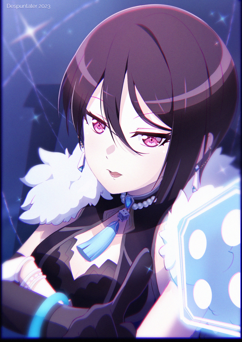 1girl artist_name asymmetrical_gloves asymmetrical_hair bang_dream! bangs bare_shoulders bead_choker black_dress black_gloves black_hair breasts cleavage collarbone commentary_request cosplay crossed_arms despuntater dice dress earrings elbow_gloves feather-trimmed_jacket genshin_impact gloves hair_between_eyes highres index_finger_raised jacket jacket_on_shoulders jewelry large_breasts looking_at_viewer mismatched_gloves neck_tassel open_mouth pink_eyes short_hair single_elbow_glove single_sidelock sleeveless sleeveless_dress solo standing tassel tassel_choker upper_body white_gloves yashio_rui yelan_(genshin_impact) yelan_(genshin_impact)_(cosplay)