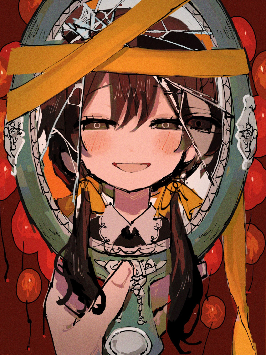 1girl apricot_(iyowa) balloon bangs black_dress black_hair blush broken_mirror brown_eyes collared_dress crazy_eyes dress girl_(apricot) hair_between_eyes hair_ribbon hand_mirror highres holding holding_mirror long_hair looking_at_viewer low_twintails mirror open_mouth portrait pov pov_hands raised_eyebrows red_background reflection ribbon smile solo squinting through_mirror twintails watanabe_(seizouhanbai) yellow_ribbon