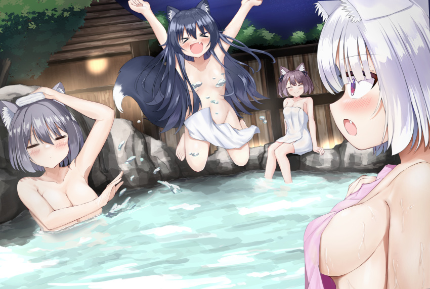 &gt;_&lt; 4girls :d animal_ear_fluff animal_ears arms_up ashitaba_kemo bangs barefoot black_hair blush building cat_ears closed_eyes closed_mouth commentary_request convenient_censoring covering fang fence grey_hair groin hair_between_eyes highres jumping long_hair multiple_girls naked_towel night night_sky nude nude_cover onsen original outdoors partially_submerged profile red_eyes sky smile tail towel towel_on_head tree very_long_hair xd