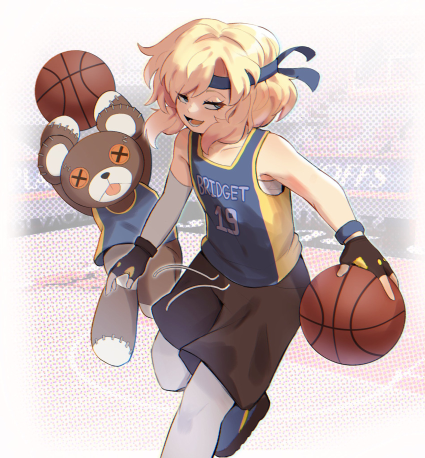 1boy aqua_eyes asymmetrical_gloves ball basketball basketball_court basketball_jersey basketball_uniform black_gloves blonde_hair bridget_(guilty_gear) fingerless_gloves gloves guilty_gear guilty_gear_strive gym_shorts highres jersey looking_to_the_side male_focus medium_hair otoko_no_ko playing_sports roger_(guilty_gear) shorts sky_guy_art sportswear stuffed_animal stuffed_toy teddy_bear