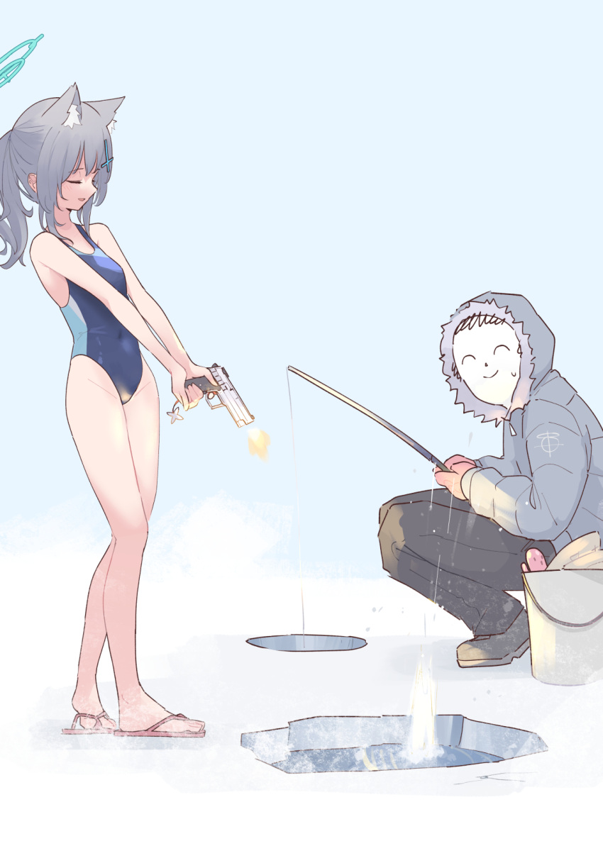 1boy 1girl animal_ear_fluff animal_ears arona's_sensei_doodle_(blue_archive) bare_arms black_pants blue_archive blue_one-piece_swimsuit closed_eyes covered_navel cross_hair_ornament feet firing fishing fishing_rod grey_hair gun hair_ornament halo handgun highres holding holding_gun holding_weapon hood hood_up hooded_coat ice legs long_hair long_sleeves lyrinne multicolored_clothes multicolored_swimsuit one-piece_swimsuit open_mouth pants ponytail sandals sensei_(blue_archive) shiroko_(blue_archive) shiroko_(swimsuit)_(blue_archive) sig_sauer sig_sauer_p229 squatting standing swimsuit toes water weapon wolf_ears