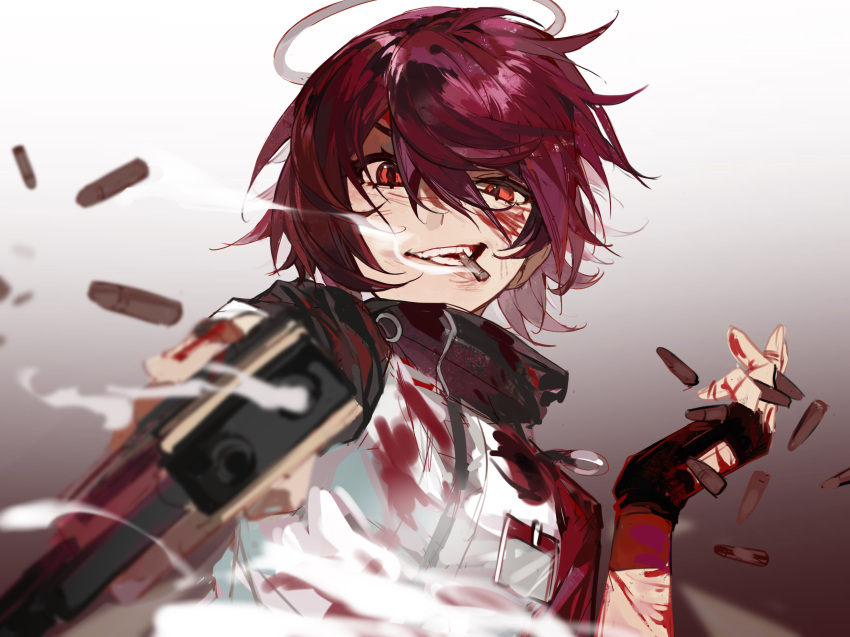 1girl aiming_at_viewer arknights black_gloves blood blood_on_face cartridge exusiai_(arknights) fingerless_gloves fui_(fui29493452) gloves gradient_background grey_background gun highres holding jacket kriss_vector looking_at_viewer mouth_hold purple_hair red_eyes short_hair smoke smoking_gun solo submachine_gun teeth weapon white_jacket