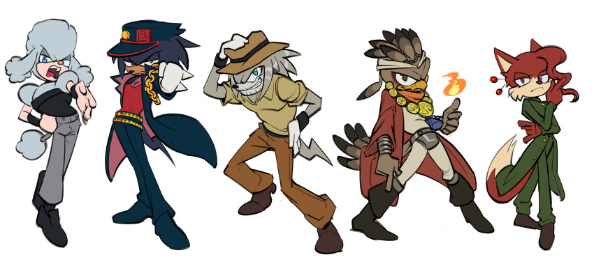 5boys absurdres animal_nose beak brown_eyes coat fire furrification furry furry_male grin hat highres jacket javisbutt jean_pierre_polnareff jewelry jojo_no_kimyou_na_bouken jojo_pose joseph_joestar joseph_joestar_(old) kakyoin_noriaki kujo_jotaro male_focus mohammed_avdol multiple_boys necklace open_mouth pants purple_eyes shirt simple_background smile sonic_(series) standing stardust_crusaders tail white_background