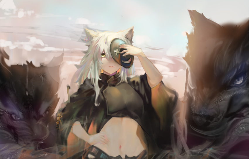 1girl absurdres animal_ears arknights black_jacket commentary_request crop_top cropped_jacket hand_on_hip highres holding holding_mask jacket lappland_(arknights) long_hair long_sleeves looking_at_viewer mask midriff navel parted_lips solo stomach upper_body very_long_hair white_hair wolf_ears yu_ruo