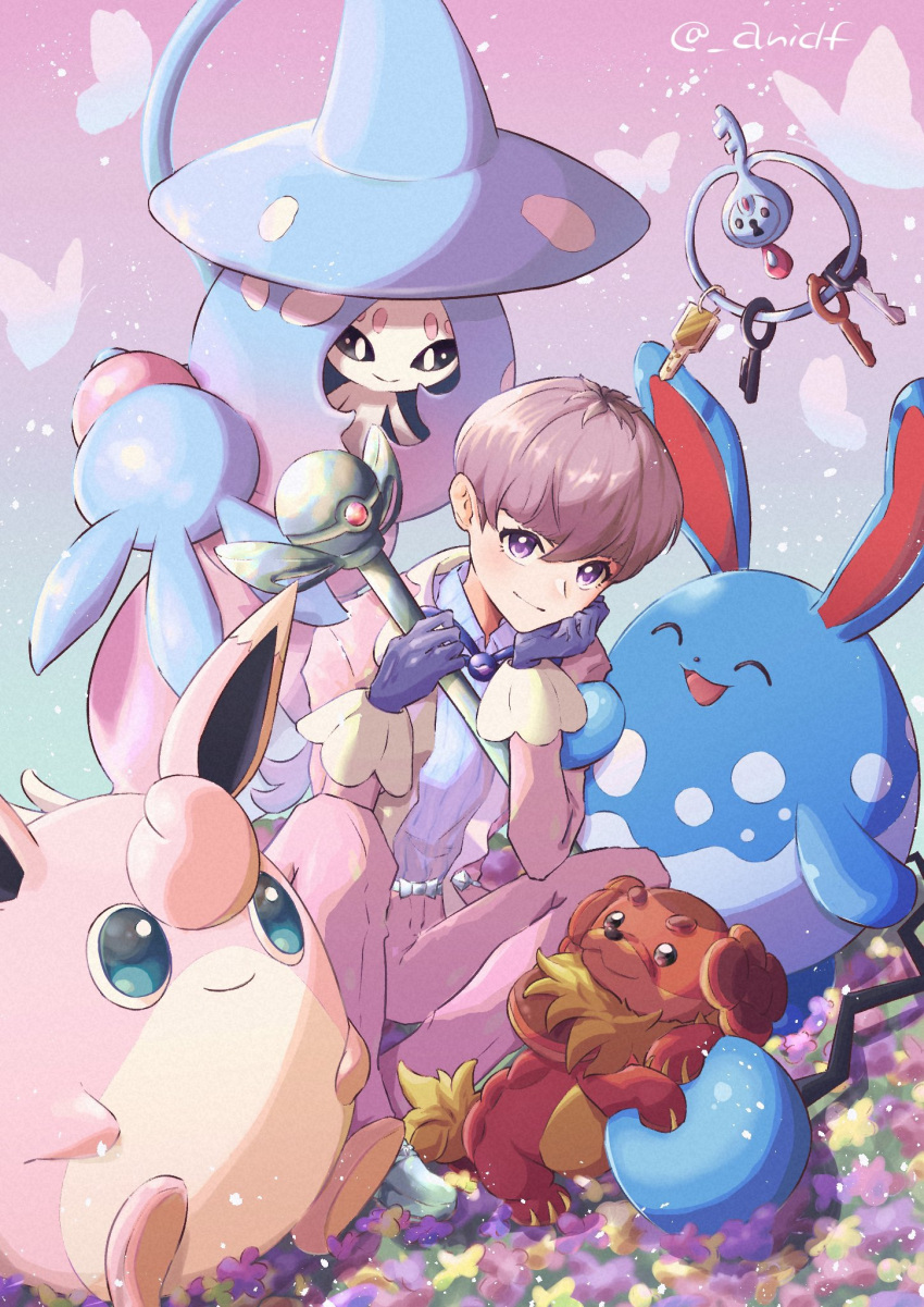 1boy anidf azumarill bangs closed_mouth coat collared_shirt commentary_request dachsbun flower gloves hands_up hatterene highres holding klefki long_sleeves male_focus open_clothes open_coat ortega_(pokemon) pants pink_coat pink_pants pokemon pokemon_(creature) pokemon_(game) pokemon_sv purple_eyes shirt shoes short_hair smile team_star twitter_username watermark wigglytuff