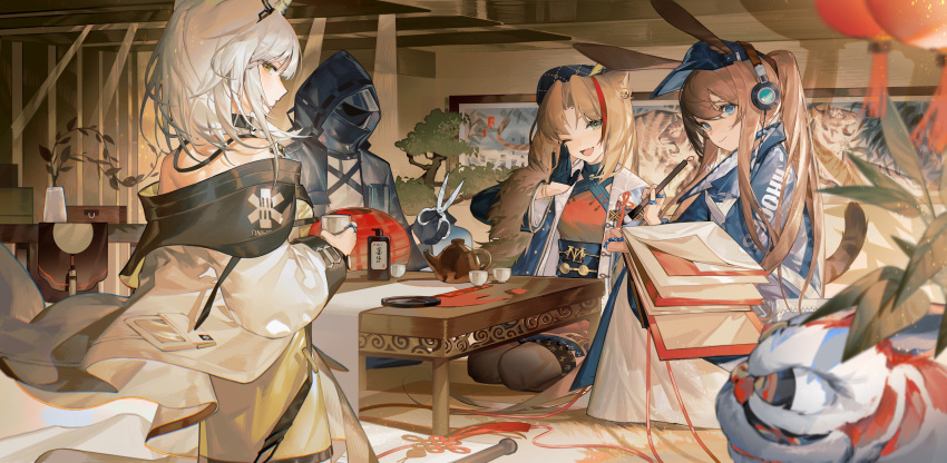 3girls ;d absurdres amiya_(arknights) amiya_(newsgirl)_(arknights) aniao_ya animal_ears arknights bare_shoulders black_coat black_gloves black_headwear black_thighhighs blonde_hair blue_eyes blush bonsai brown_hair calligraphy_brush cat_ears closed_mouth coat cup detached_collar doctor_(arknights) dress ears_through_headwear gloves green_dress green_eyes grey_hair highres holding holding_cup holding_scissors indoors jewelry kal'tsit_(arknights) lantern long_hair long_sleeves looking_at_viewer looking_back mask multicolored_hair multiple_girls multiple_rings off_shoulder official_alternate_costume one_eye_closed open_clothes open_coat open_mouth oripathy_lesion_(arknights) paintbrush paper_lantern ponytail rabbit_ears red_dress red_eyes ring scissors seiza short_hair signature sitting smile streaked_hair swire_(arknights) swire_(honor_and_splendor)_(arknights) table tail teapot thighhighs tiger_ears tiger_girl tiger_tail two-tone_hair vase very_long_hair white_coat