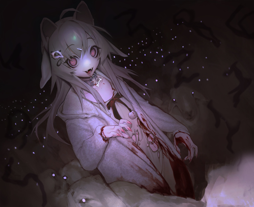 1girl animal animal_collar animal_ears bangs blood blood_on_clothes blood_on_hands bone_necklace brown_hair collar fangs hair_ornament highres looking_at_viewer open_smile original pink_collar pink_nails ro47 sheep sheep_hair_ornament smile teeth torn_clothes wolf_girl