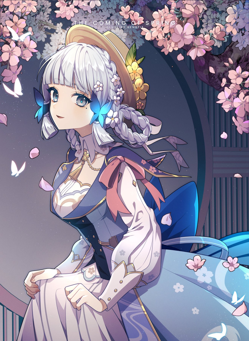 1girl architecture bangs blue_butterfly blue_dress blue_eyes blue_hair blunt_bangs bow bowtie braid brown_headwear bug butterfly cherry_blossoms dress genshin_impact henxtie highres holding_cloth kamisato_ayaka kamisato_ayaka_(springbloom_missive) light_blue_hair long_sleeves looking_at_viewer mole mole_under_eye official_alternate_costume official_alternate_hairstyle pink_bow pink_bowtie puffy_long_sleeves puffy_sleeves side_braid smile solo tree turtleneck_dress