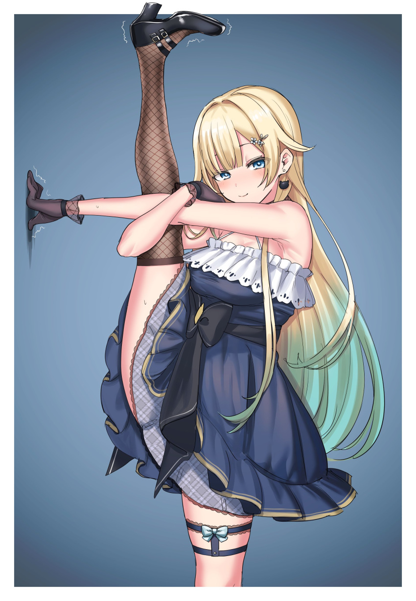 1girl absurdres aizawa_ema akkgsyk armpit_crease bangs bare_shoulders black_gloves blonde_hair blue_eyes blue_hair blunt_bangs blush breasts choker criss-cross_halter dress earrings gloves gradient_hair hair_ornament halterneck highres jewelry lace lace-trimmed_choker lace-trimmed_skirt lace_choker lace_trim large_breasts long_hair looking_at_viewer multicolored_hair simple_background skirt smile solo split standing standing_on_one_leg standing_split sweat trembling virtual_youtuber vspo!