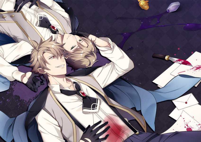 2boys ascot bangs black_ascot black_background black_gloves blonde_hair blood blood_on_clothes blood_on_weapon blood_splatter blue_jacket brooch collared_shirt cowboy_shot dual_persona fate/grand_order fate_(series) gloves green_eyes grey_vest grin hair_between_eyes half_gloves hand_on_another's_face hand_on_own_stomach jacket jacket_on_shoulders jekyll_and_hyde_(fate) jewelry knife letter lying male_focus miyamakoume multiple_boys on_back open_clothes open_collar open_vest pants paper potion purple_pants red_eyes rotational_symmetry shirt short_hair sideways_glance smile spiked_hair spill suspenders upper_body vest vial weapon white_shirt