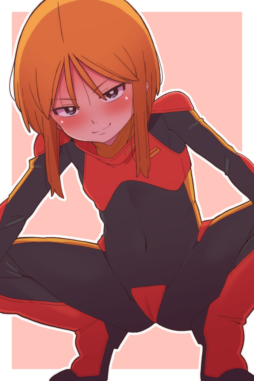 1girl absurdres black_eyes blush bright_pupils cameltoe covered_navel flat_chest gundam gundam_zz hair_between_eyes highres onimaru_(onimal7802) orange_hair pilot_suit puru_two short_hair short_hair_with_long_locks sidelocks simple_background skin_tight smug spread_legs squatting white_pupils