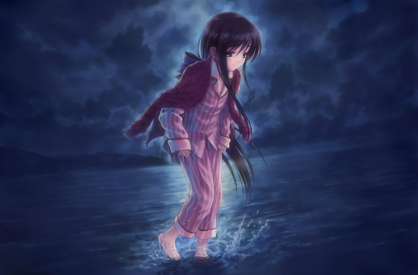 barefoot goto_p hair_ribbon highres long_hair narcissu night pajamas ribbon shinohara_himeko solo very_long_hair wading water