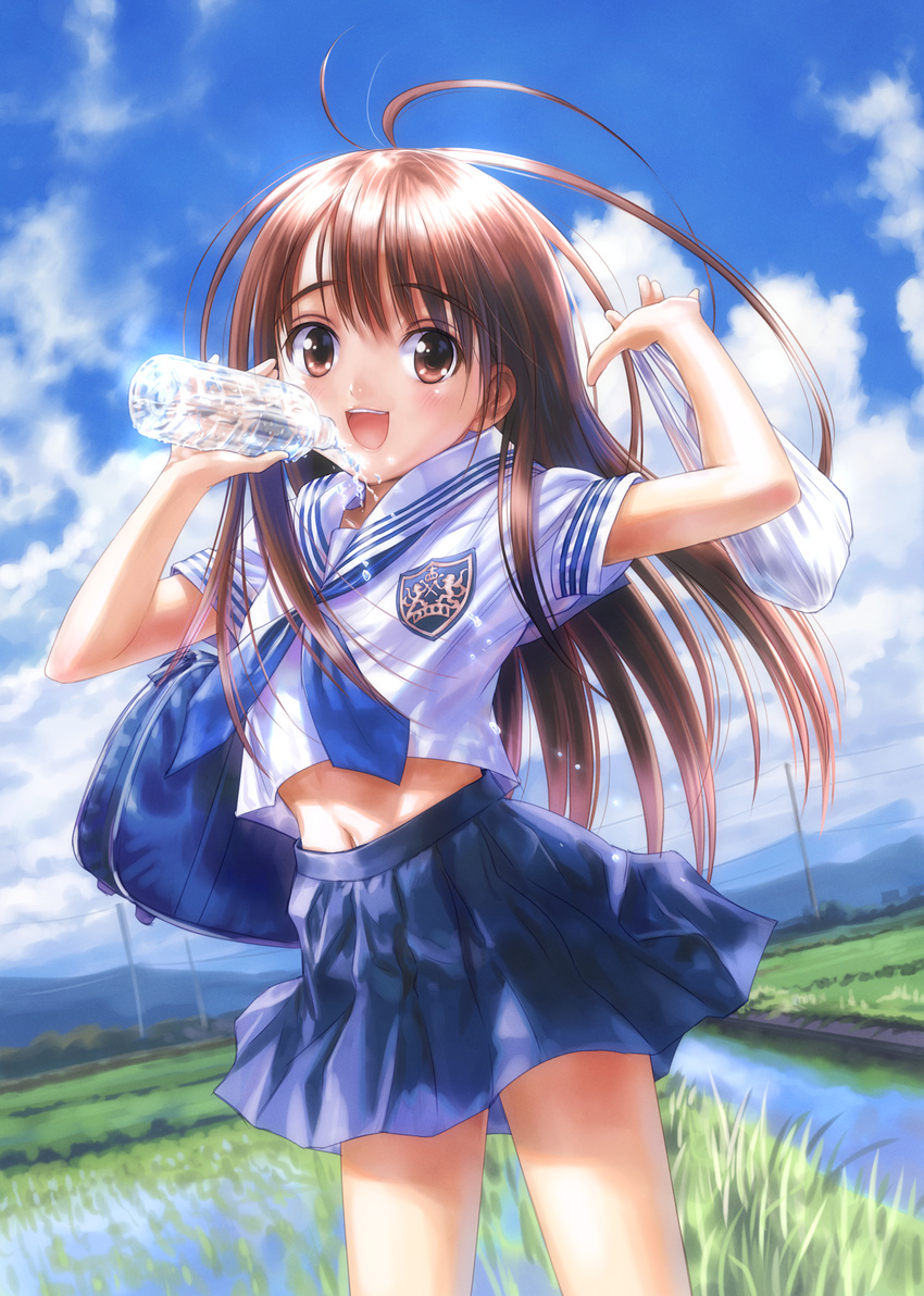 :d absurdres ahoge bag blue_skirt blush bottle brown_eyes brown_hair cloud day emblem eyebrows_visible_through_hair goto_p highres holding holding_bottle huge_ahoge huge_filesize long_hair looking_at_viewer midriff neckerchief open_mouth original outdoors plastic_bag pleated_skirt power_lines scan school_bag school_uniform serafuku short_sleeves skirt sky smile solo standing very_long_hair water water_bottle