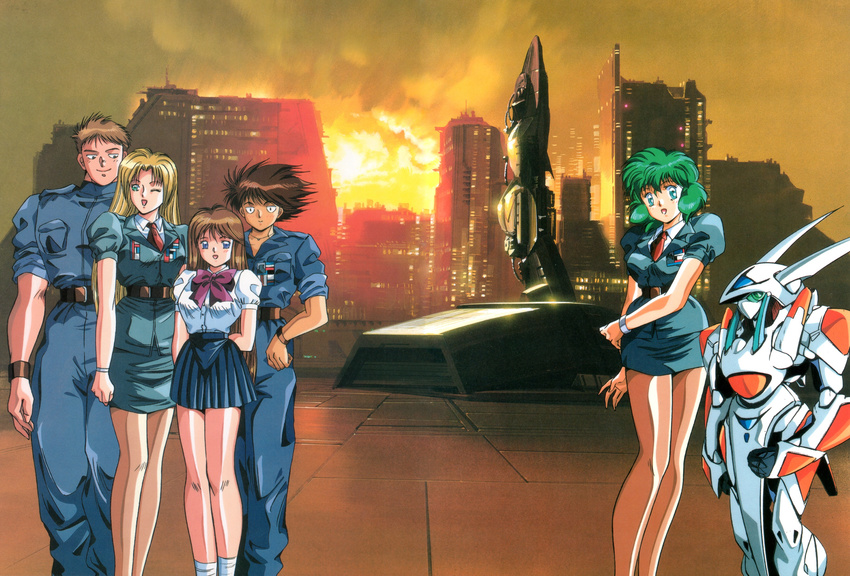 2boys 90s bangs belt blonde_hair blue_skirt bow bracelet breasts brown_hair building city cloud cloudy_sky collared_shirt cropped_legs green_hair hand_on_hip highres hirano_toshihiro iczelion iczer_(series) jewelry kai_nagisa kawai_kawai long_hair long_legs looking_at_viewer miniskirt multiple_boys nami_(iczelion) necktie official_art oldschool one_eye_closed outdoors pantyhose pleated_skirt police police_uniform policeman policewoman puffy_short_sleeves puffy_sleeves purple_bow robot shirt short_hair short_skirt short_sleeves skirt sky socks spiked_hair standing uniform white_legwear white_shirt wink