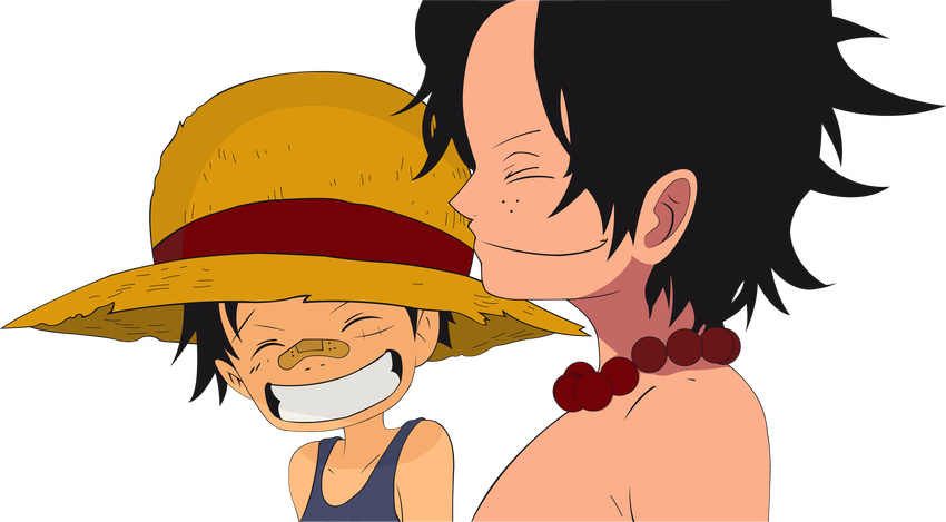 absurdres bandaid beads black_hair closed_eyes grin hat highres male_focus monkey_d_luffy multiple_boys one_piece portgas_d_ace smile straw_hat transparent_background
