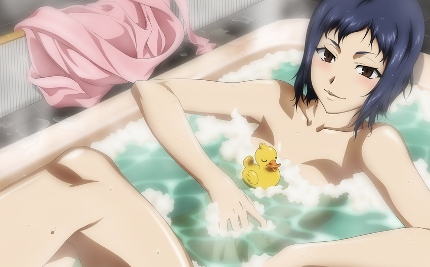 428 absurdres bath bathing blue_hair brown_eyes bubble bubble_bath canaan detexted highres liang_qi non-web_source nude official_art rubber_duck sekiguchi_kanami short_hair solo third-party_edit