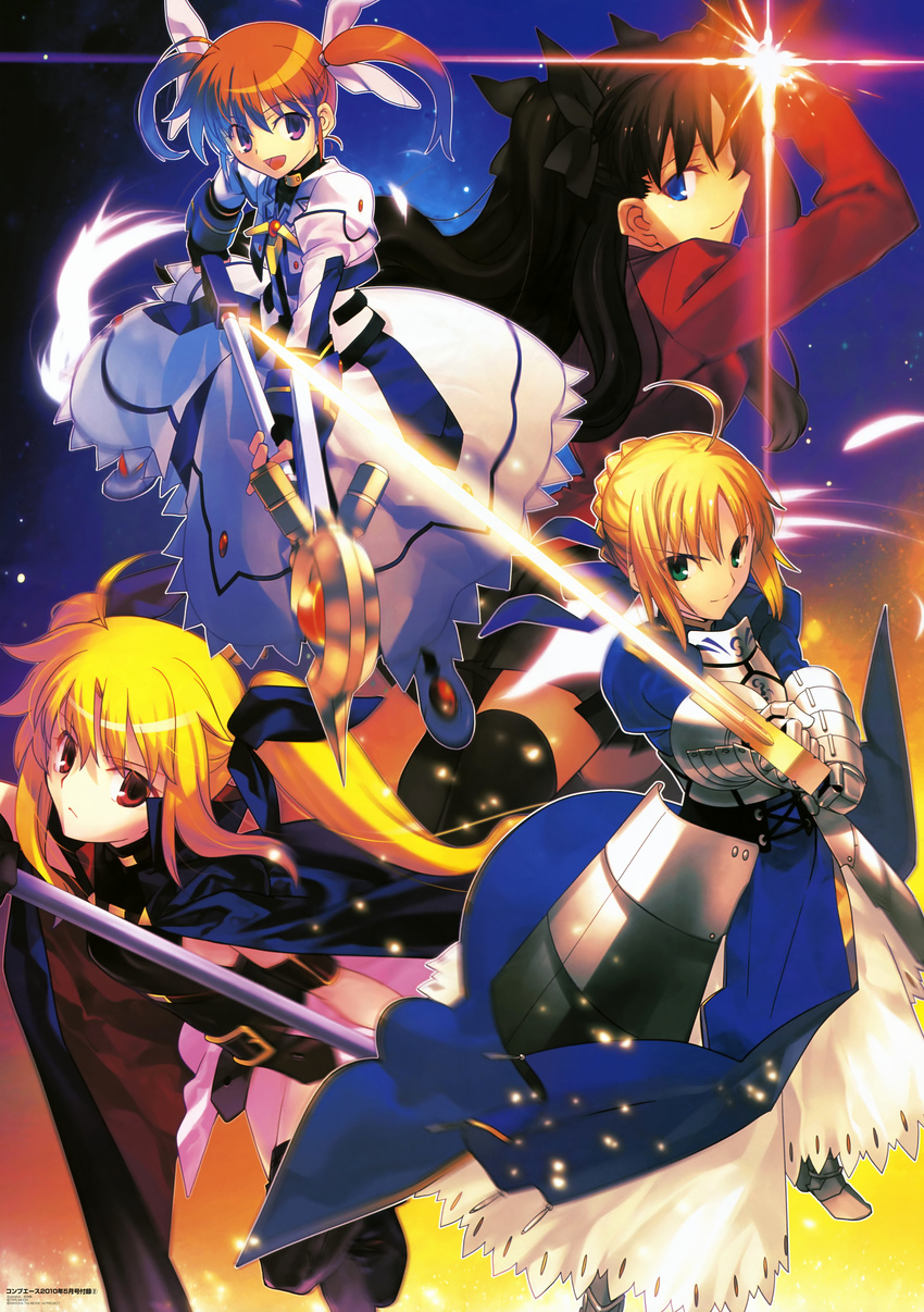 absurdres ahoge armor artoria_pendragon_(all) bardiche blonde_hair blue_eyes brown_hair excalibur fate/stay_night fate_(series) fate_testarossa glowing glowing_sword glowing_weapon green_eyes hair_ornament highres lyrical_nanoha mahou_shoujo_lyrical_nanoha mahou_shoujo_lyrical_nanoha_the_movie_1st multiple_girls parody purple_eyes raising_heart red_eyes saber staff sword takamachi_nanoha takeuchi_takashi thighhighs toosaka_rin twintails two_side_up weapon zettai_ryouiki