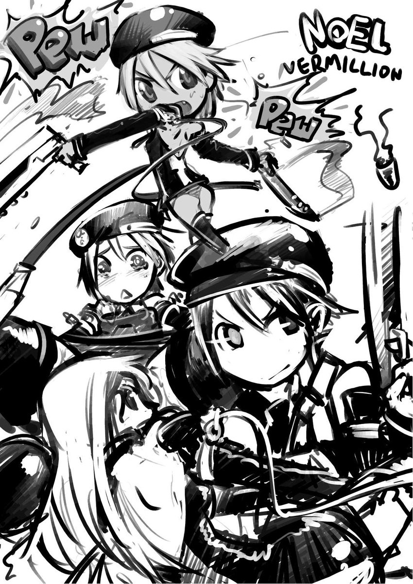 bare_shoulders beret blazblue eccma417 fang flat_chest greyscale gun handgun hat highres long_hair looking_back monochrome noel_vermillion panties short_hair striped striped_panties tears thighhighs underwear weapon