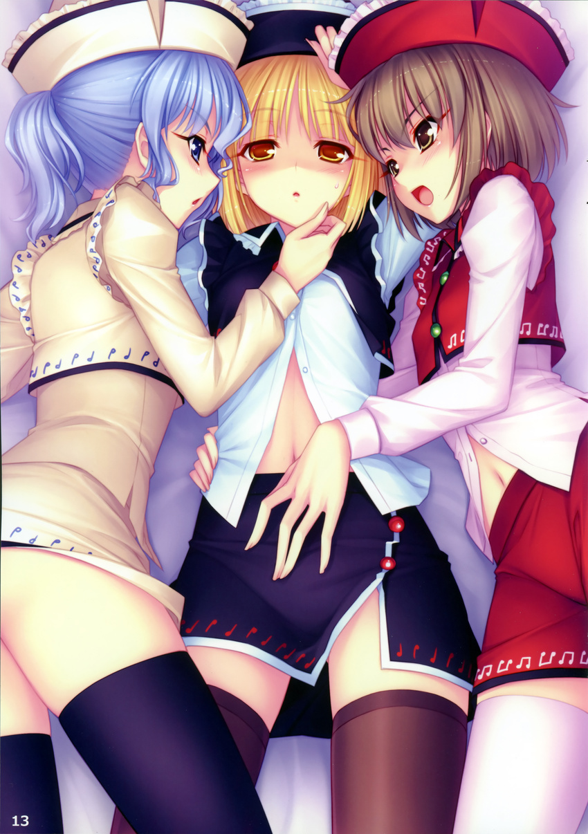 absurdres blonde_hair girl_sandwich group_incest highres incest lunasa_prismriver lyrica_prismriver merlin_prismriver multiple_girls sandwiched sayori siblings sisters thighhighs touhou yuri