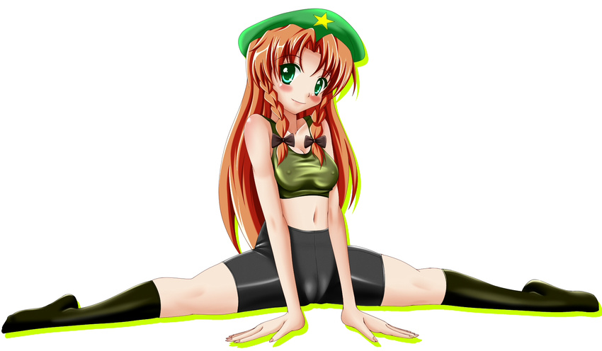 bad_id bad_pixiv_id bike_shorts blush braid breasts cameltoe green_eyes hat highres hong_meiling long_hair medium_breasts nipples red_hair ribbon smile socks solo split sports_bra spread_legs tera_hiroshi touhou twin_braids