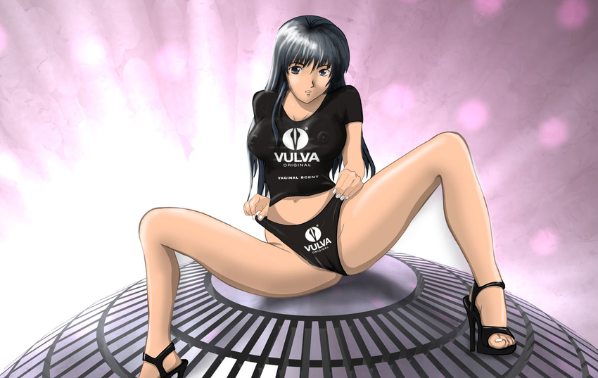ad artist_request black_hair breasts cameltoe covered_nipples grey_eyes high_heels highres large_breasts long_hair panties panty_pull see-through shoes solo source_request underwear vulva_(copyright)