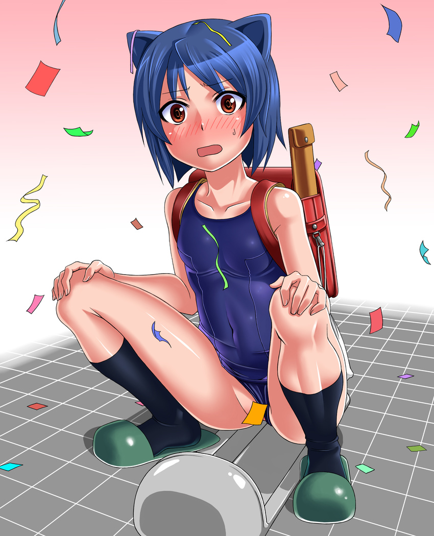 arcana_heart backpack bad_id bad_pixiv_id bag blue_hair blush censored confetti convenient_censoring daidouji_kira highres one-piece_swimsuit orange_eyes orochi_itto school_swimsuit short_hair slippers socks solo squat_toilet squatting surprised swimsuit swimsuit_aside toilet toilet_use