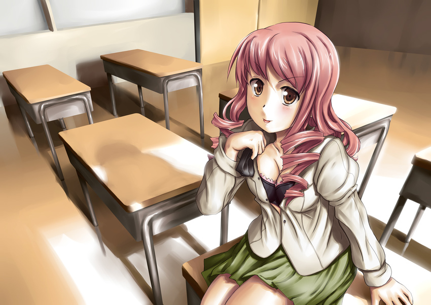 :p blush breasts brown_eyes classroom cleavage desk drill_hair highres katawa_shoujo long_hair medium_breasts mikado_shiina on_desk open_clothes open_shirt pink_hair puffy_sleeves saimon_ma school_desk school_uniform shirt sitting sitting_on_desk skirt solo tongue tongue_out twin_drills twintails unbuttoned yellow_eyes