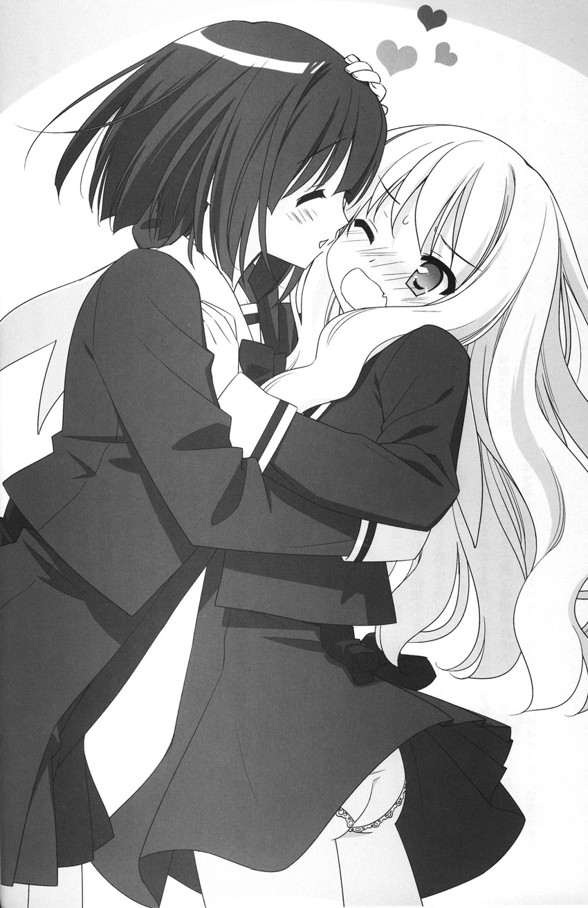 ass blush greyscale heart highres kawamura_reo kiss long_hair monochrome multiple_girls panties peko sawaguchi_mai scan school_uniform sono_hanabira_ni_kuchizuke_wo st._michael's_school_uniform underwear yuri