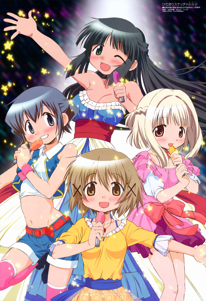 absurdres belt black_hair blonde_hair blue_eyes blue_hair blush bow breasts brown_eyes brown_hair casual cleavage dress green_eyes half_updo hidamari_sketch highres long_hair medium_breasts megami microphone midriff multiple_girls navel nazuna non-web_source nori official_art one_eye_closed open_mouth short_hair shorts small_breasts thighhighs very_long_hair yamamura_hiroki yoshinoya yuno