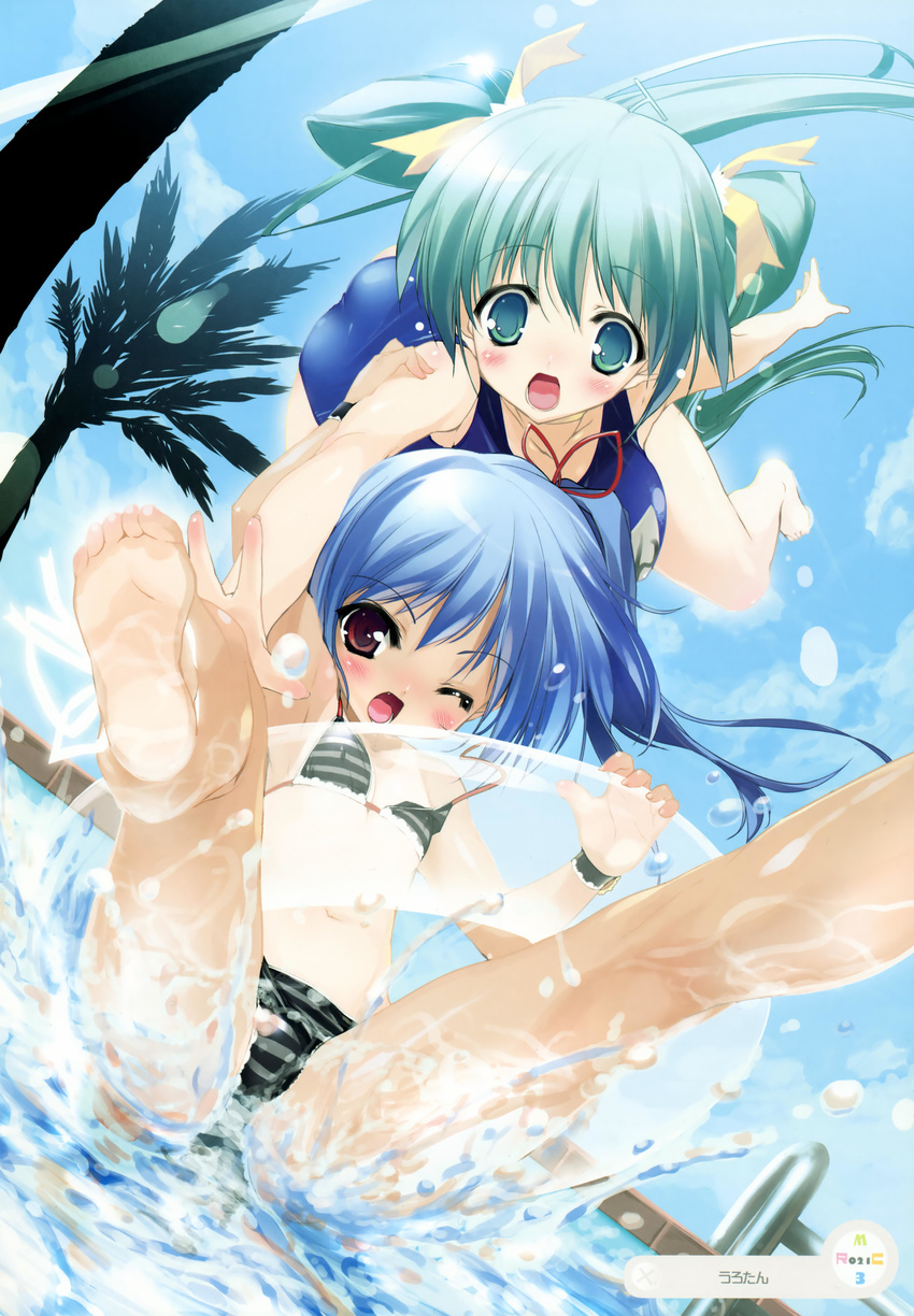 absurdres arm_up armpits ass barefoot bikini black_lemon-chan blue_hair blush bow cloud covered_nipples day fang feet flat_chest green_eyes green_hair hair_ribbon highres innertube legs_up long_hair melon-chan melonbooks multiple_girls one-piece_swimsuit one_eye_closed open_mouth red_eyes ribbon school_swimsuit side_ponytail sky smile spread_legs string_bikini striped striped_bikini striped_swimsuit swimsuit twintails urotan very_long_hair wardrobe_malfunction water wet yellow_bow