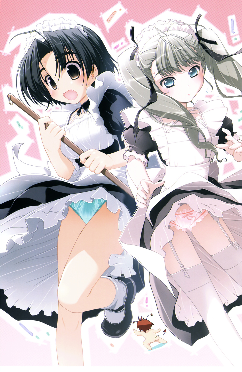 absurdres aino_pekonen akata_itsuki apron black_dress black_hair blue_eyes blue_panties bow bow_panties broom brown_eyes dress frilled_panties frills garter_straps highres kokoro_navi kuramochi_koharu lace lace-trimmed_panties maid maid_headdress mary_janes multiple_girls panties petticoat ribbon shoes silver_hair socks thighhighs twintails underwear white_legwear