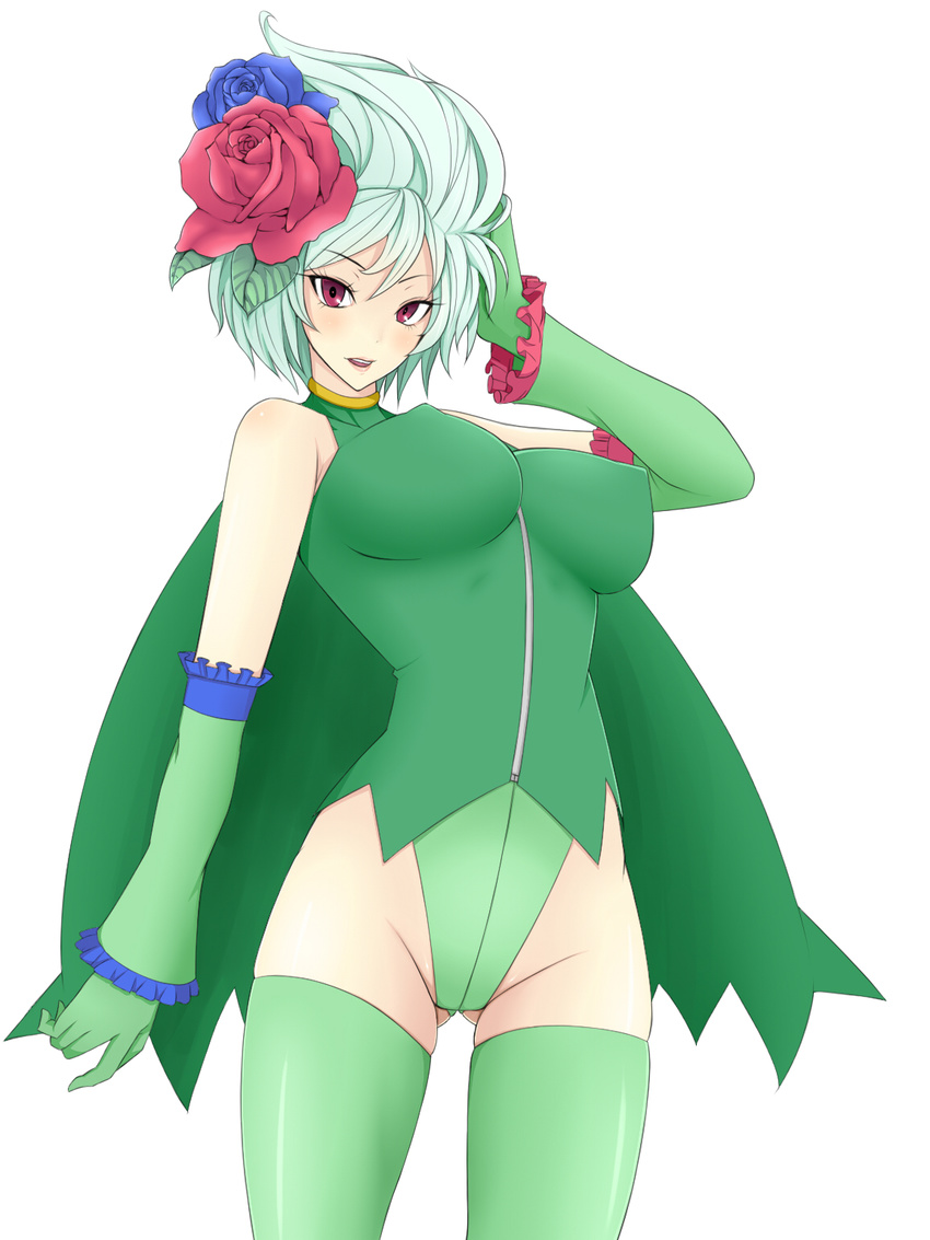breasts cape covered_nipples elbow_gloves emukon eyelashes flower frills gen_4_pokemon gloves green_hair green_leotard hair_flower hair_ornament highres large_breasts leotard lips personification pokemon red_eyes rose roserade short_hair simple_background solo thighhighs white_background white_hair