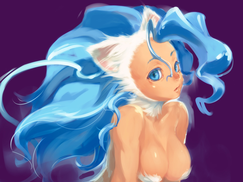 animal_ears bad_id bad_pixiv_id bare_shoulders big_hair blue_eyes blue_hair breasts cat_ears felicia fur highres large_breasts long_hair mizuki_kotora simple_background solo vampire_(game)