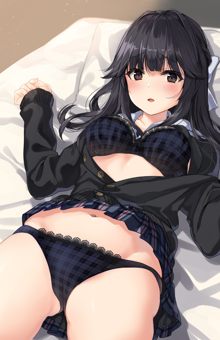 1girl bangs bed bed_sheet black_bra black_cardigan black_eyes black_hair black_skirt blunt_bangs blush bra cardigan clothes_lift commentary_request highres long_hair long_sleeves looking_at_viewer lying navel on_back on_bed open_cardigan open_clothes open_mouth original panties pillow plaid plaid_bra plaid_panties plaid_skirt pleated_skirt skirt skirt_lift solo stomach thighs unasaka_ryou underwear uniform
