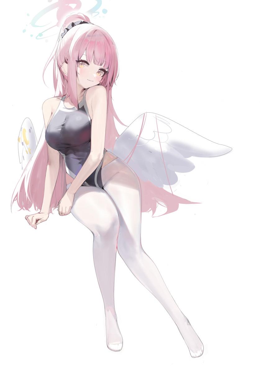 1girl absurdres angel_wings bangs bare_arms black_scrunchie blue_archive blush breasts hair_ornament hair_scrunchie halo highres large_breasts looking_at_viewer low_wings mika_(blue_archive) one-piece_swimsuit pantyhose pantyhose_under_swimsuit pink_hair ponytail prossss scrunchie sidelocks simple_background solo swimsuit white_background white_pantyhose white_wings wings yellow_eyes