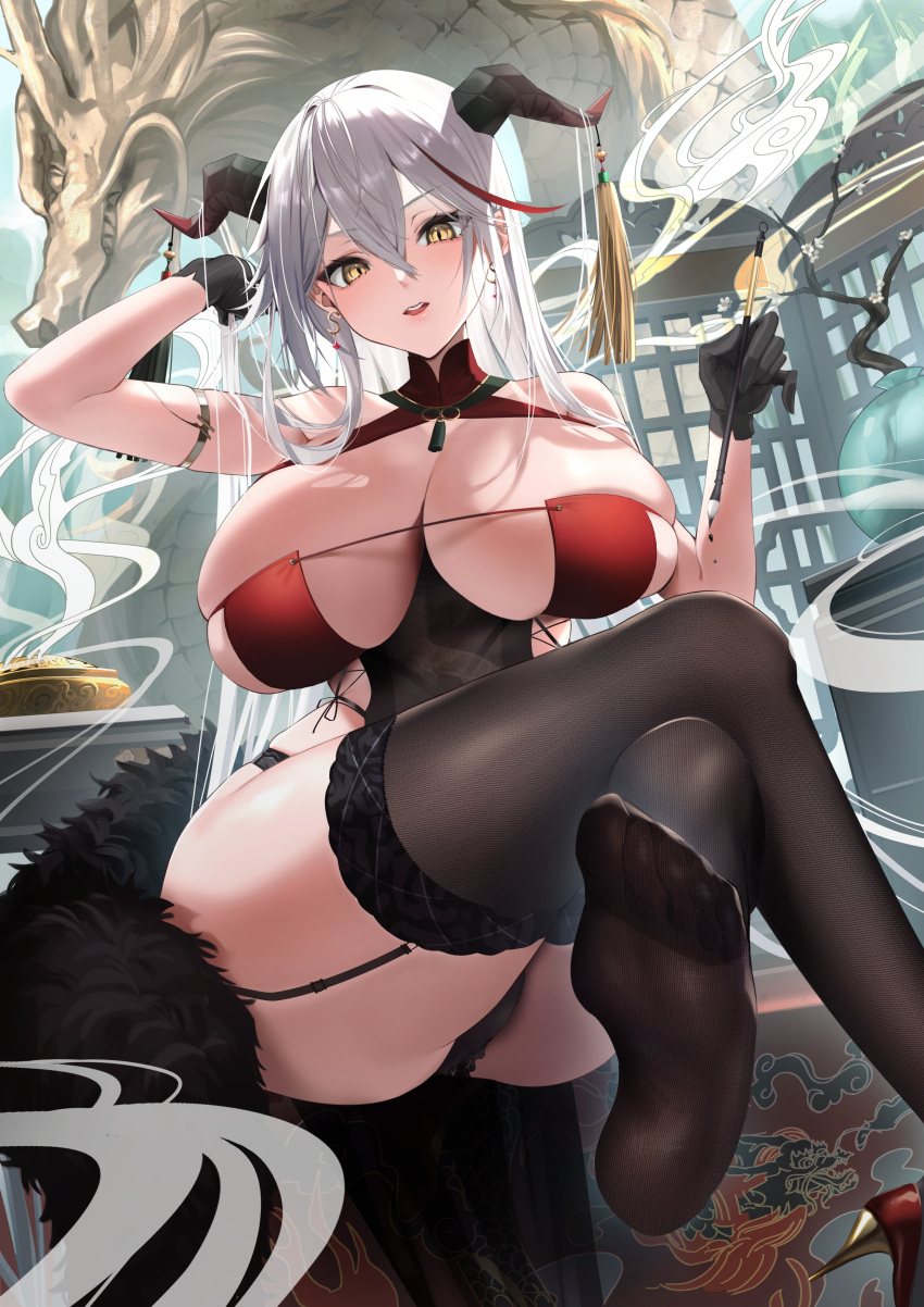 1girl absurdres aegir_(azur_lane) aegir_(golden_dragon_among_auspicious_clouds)_(azur_lane) azur_lane bangs bare_shoulders black_thighhighs blush breasts cleavage collarbone comichipota crossed_legs dress highres horns large_breasts long_hair looking_at_viewer multicolored_hair official_alternate_costume red_hair sitting solo streaked_hair thighhighs thighs very_long_hair white_hair yellow_eyes