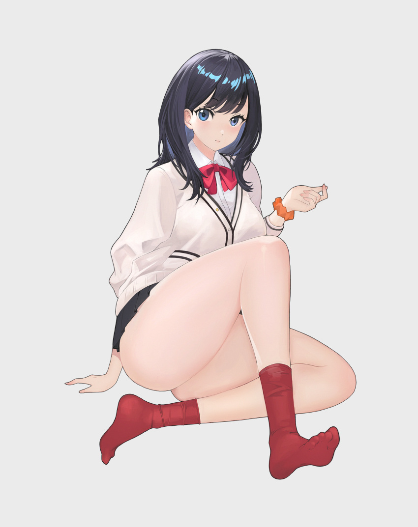 1girl ass bangs black_hair black_skirt blue_eyes bobobong bow bowtie breasts cardigan closed_mouth collared_shirt feet full_body grey_background gridman_universe highres legs long_hair long_sleeves looking_at_viewer medium_breasts microskirt miniskirt no_shoes orange_scrunchie pleated_skirt red_bow red_bowtie red_socks school_uniform scrunchie shirt simple_background sitting skirt socks soles solo ssss.gridman straight_hair sweater swept_bangs takarada_rikka thick_thighs thighs toes white_cardigan white_shirt white_sweater wing_collar wrist_scrunchie