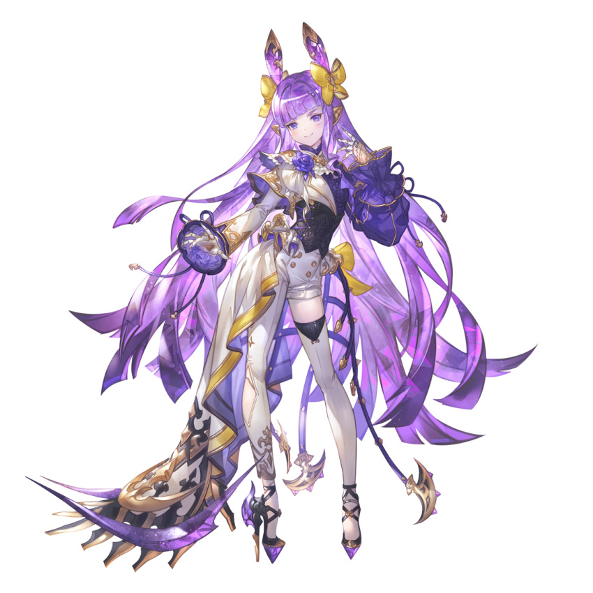 1girl arm_at_side asymmetrical_bodysuit bangs cendrillion_(granblue_fantasy) closed_mouth full_body granblue_fantasy hair_ornament hand_up high_heels long_hair long_sleeves looking_at_viewer minaba_hideo official_art pointy_ears prosthesis prosthetic_arm purple_eyes purple_hair see-through see-through_sleeves simple_background single_leg_bodysuit single_thighhigh solo standing thighhighs transparent_background white_thighhighs