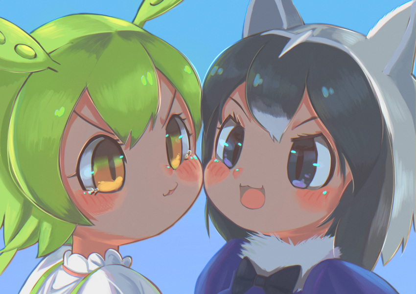 2girls :3 animal_ears blue_background blush bow bowtie cheek-to-cheek close-up commentary common_raccoon_(kemono_friends) fur_collar green_hair green_suspenders grey_eyes grey_hair hair_between_eyes heads_together highres kemono_friends multiple_girls open_mouth orange_eyes osnmykk parted_lips raccoon_ears raccoon_girl shaded_face sidelocks tears trait_connection v-shaped_eyebrows voicevox zundamon