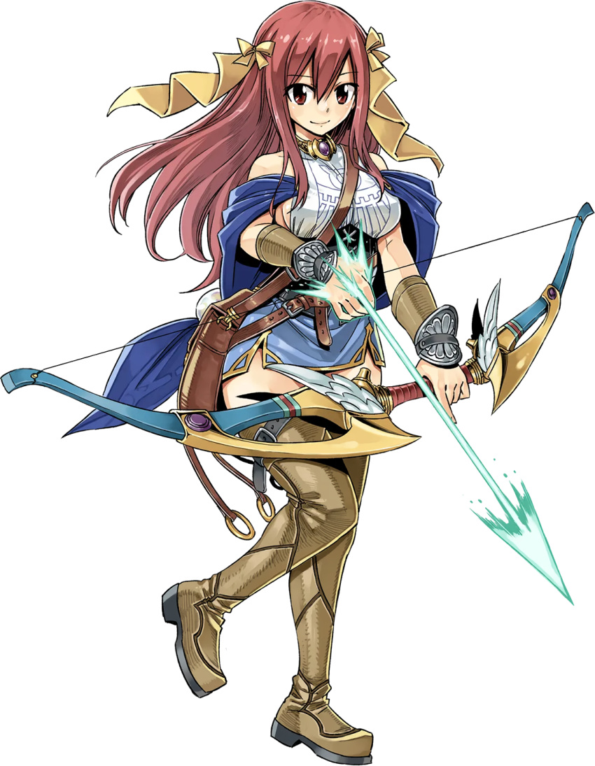 1girl bow_(weapon) brown_eyes closed_mouth emma_(gate_of_nightmares) full_body gate_of_nightmares highres holding holding_weapon long_hair looking_at_viewer mashima_hiro official_art red_hair smile solo third-party_source transparent_background weapon