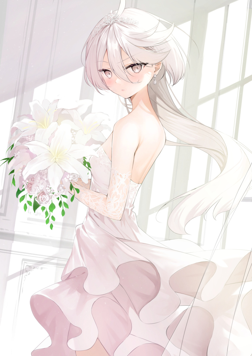 1girl ahoge alternate_costume back backless_dress backless_outfit bangs bare_shoulders bouquet bride dress elbow_gloves flower from_side gloves grey_eyes grey_hair gundam gundam_suisei_no_majo hair_between_eyes highres holding holding_bouquet lace lace_gloves long_hair looking_at_viewer lynn_(seiyuu) miorine_rembran solo strapless strapless_dress swept_bangs takumi11 tiara wedding wedding_dress white_dress white_gloves